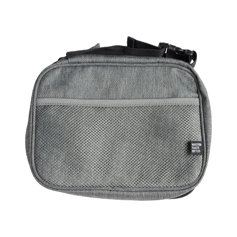 Gray organizer with a label 