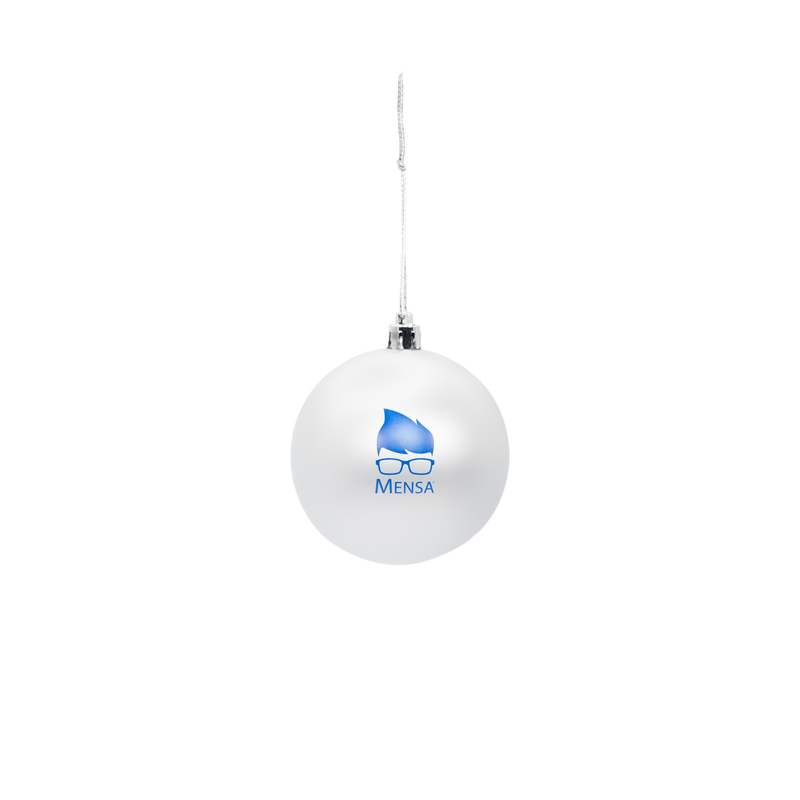 Silver ornament with blue geeky "Mensa" logo
