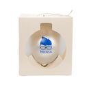 Silver ornament with blue "Mensa" geeky logo in box