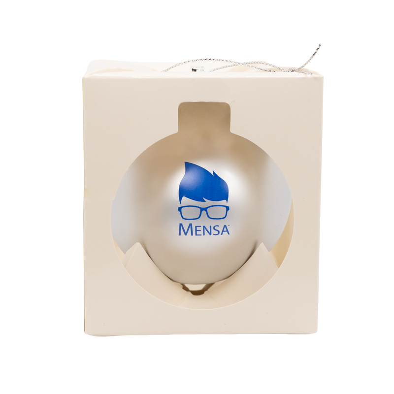 Silver ornament with blue "Mensa" geeky logo in box