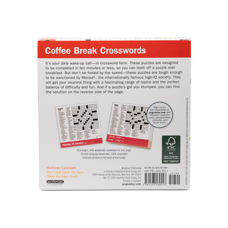 Rear view of Mensa 10 minute crossword calendar with description of calendar