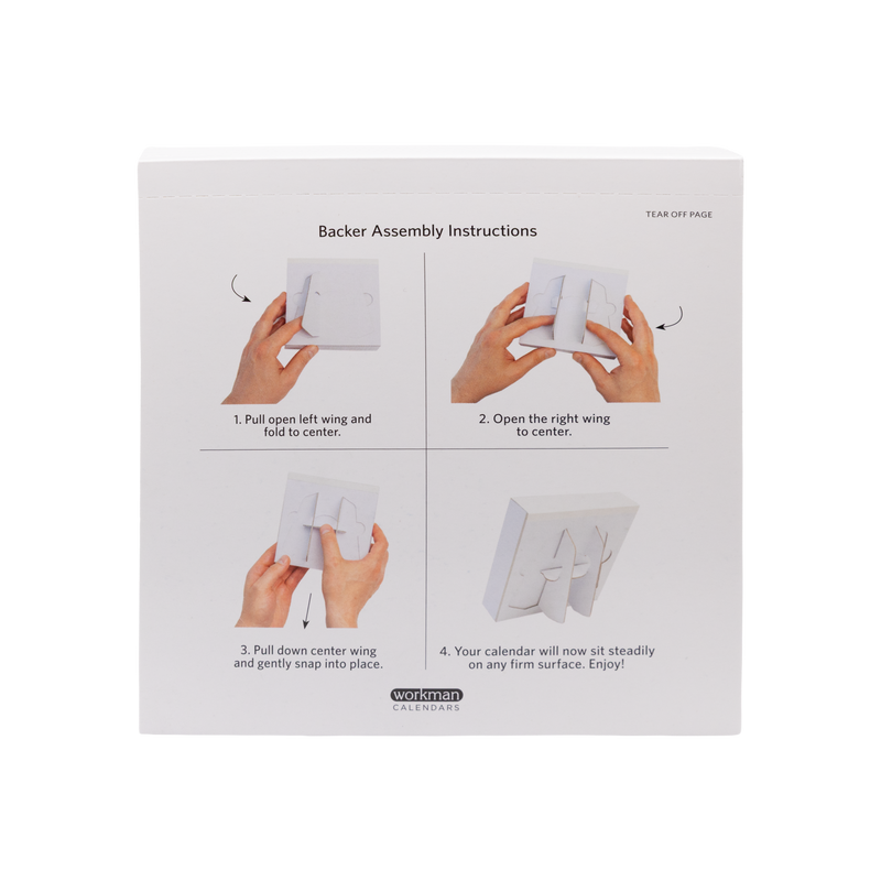 Backer assembly instructions for crossword calendar, showing step-by-step process