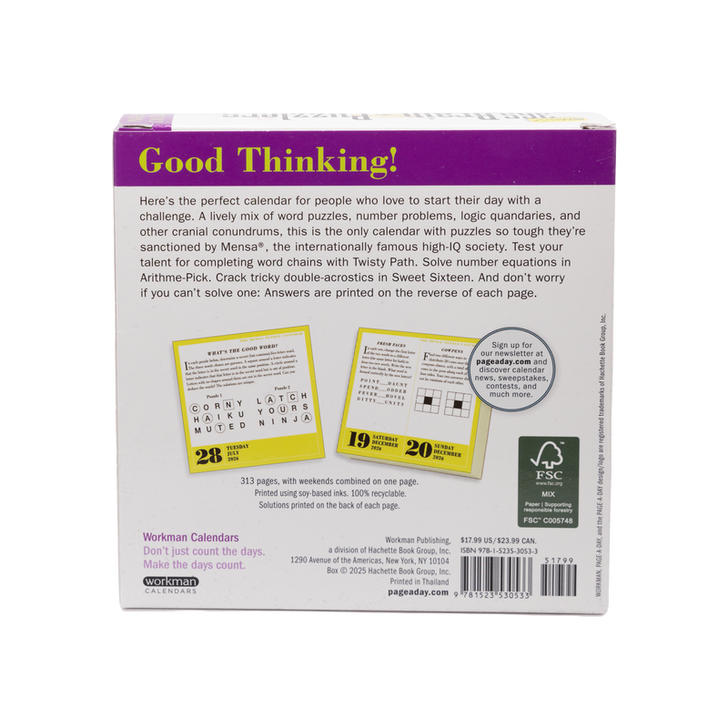 Rear view of Mensa 2026 Brain puzzlers Calendar with descriptive text