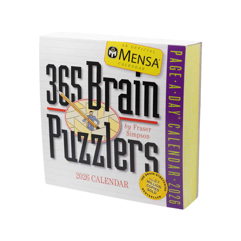 Calendar titled '365 Brain Puzzlers' by Fraser Simpson with Mensa logo