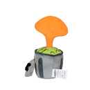 Rear view of Plush toy resembling a character with an orange top and Trashcan body