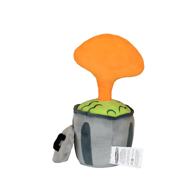 Rear view of Plush toy resembling a character with an orange top and Trashcan body