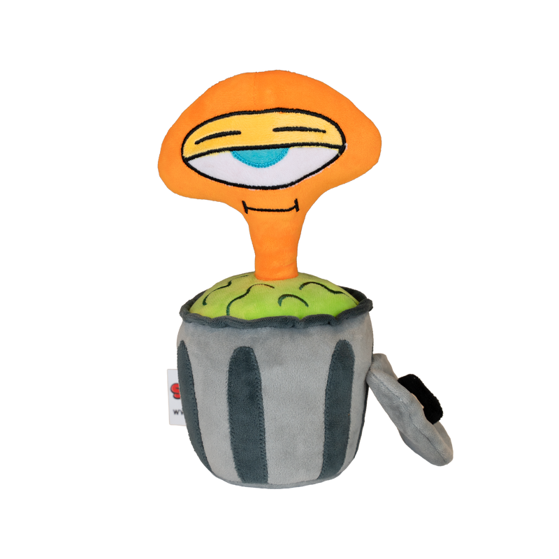 Plush toy resembling a character with an orange top and Trashcan body