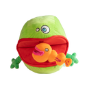 Green plush toy with a red mouth holding an orange plush toy 