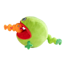 Green plush toy with a red mouth holding an orange plush toy 