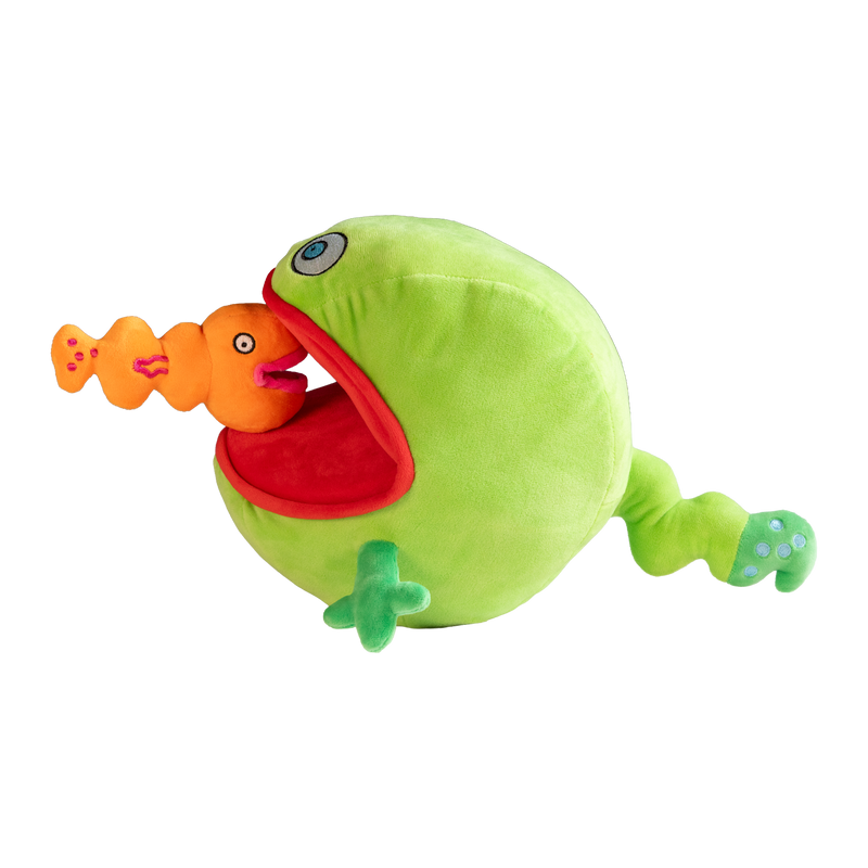 Green plush toy with a red mouth holding an orange plush toy 