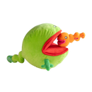 Green plush toy with a red mouth holding an orange plush toy 