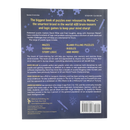 Back cover of a puzzle book with text and puzzle piece graphics on a blue background
