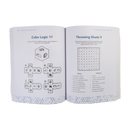 Open book with logic puzzles on a white background