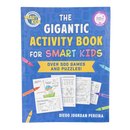 Activity book for smart kids with colorful text and illustrations on a blue background