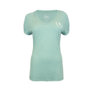 Dusty sage ladies v-neck with MENSA logo on left chest