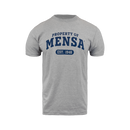 Gray t-shirt with 'Property of Mensa' text on a white background