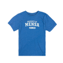 Blue t-shirt with 'Property of Mensa' text on a white background