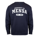 Navy blue sweatshirt with 'Property of Mensa Est. 1946' text on a white background