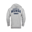 Gray hoodie with 'Property of Mensa' text on the back against a white background