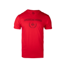 Cherry red Unisex Tonal Laurel V Neck Tee with "AMERICAN MENSA" text and Mensa logo on chest