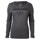 Heathered Charcoal Women's Tonal Laurel V Neck LS Tee with "AMERICAN MENSA" text on chest and Mensa logo