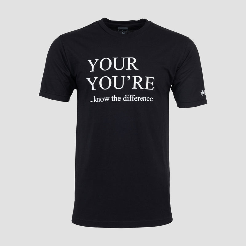 Black tee with white text "YOUR YOU'RE ...know the difference"