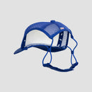 rear view of blue and white dog hat showing rear blue strap
