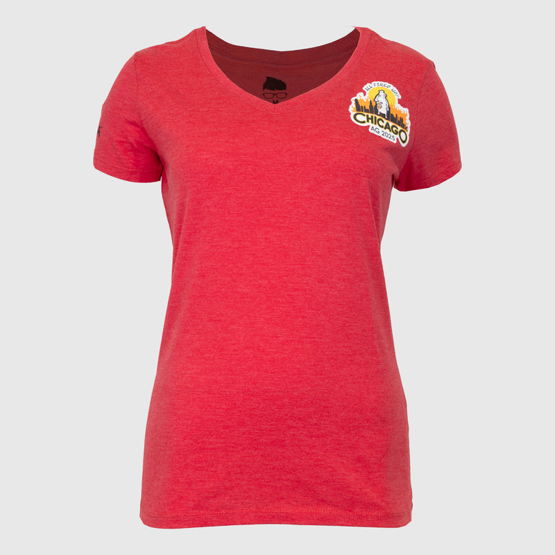 Red Mensa 2025 AG Chicago Ladies V Neck, with Chicago AG 2025 graphic on left chest