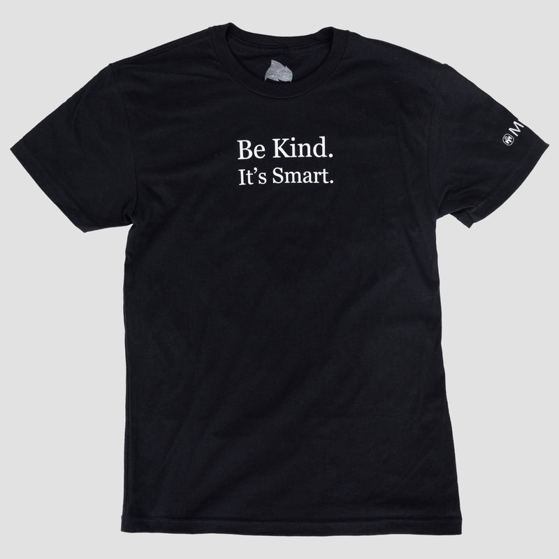 Youth Black Tee with white text on front 'Be Kind. It's Smart." and white Mensa logo on left sleeve