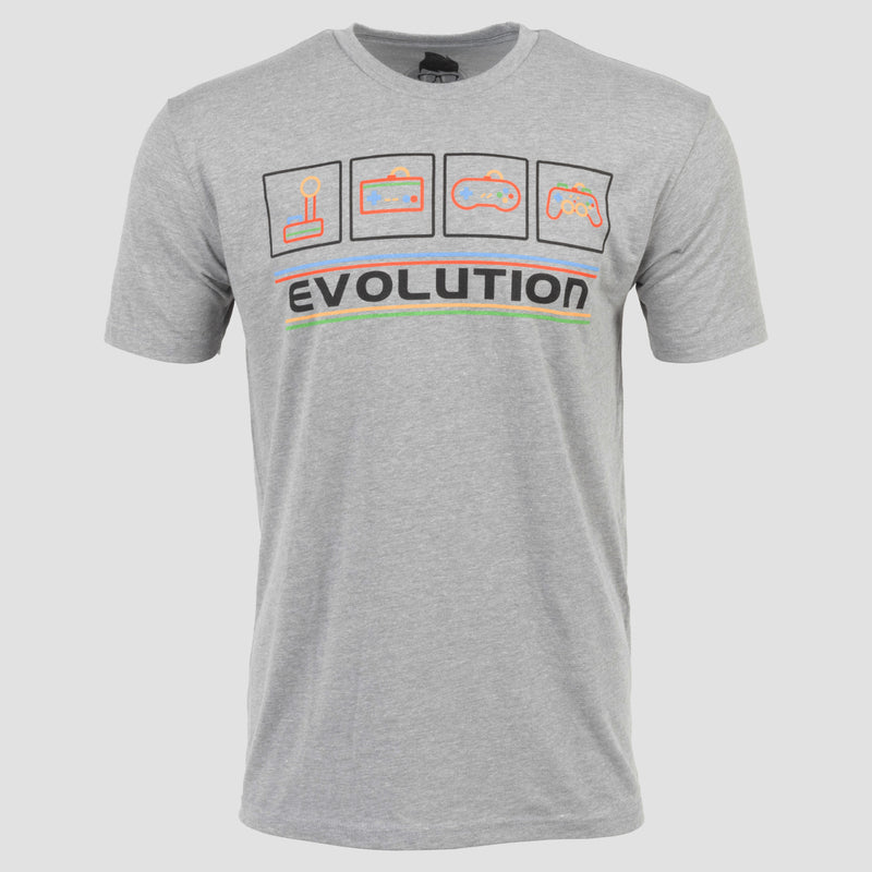 dark heather grey shirt with graphics of the evolution of game controllers with text "EVOLUTION"