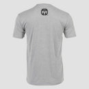 rear view of dark heather grey shirt with black Mensa logo on upper back