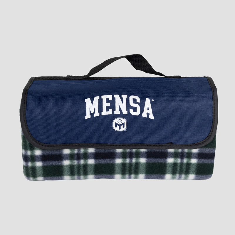 Mensa fleece blanket rolled up with carrying handle showing white "MENSA" text and white Mensa logo