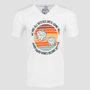 White v-neck shirt with graphic of 2 d20s on front surrounded by text "WE ARE ALL BESTIES UNTIL GAME NIGHT WHEN BOARD GAMES BECOME SERIOUS"