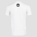 rear view of white v-neck shirt with black Mensa logo on upper back