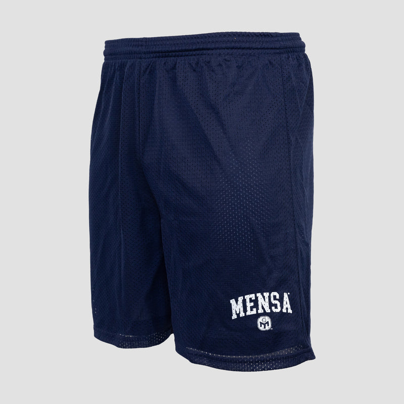 side view of Navy Gym shorts with white "MENSA" text and Mensa logo on left leg
