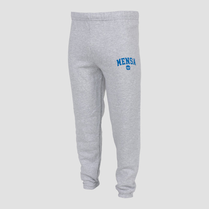 Ash jogger pant with blue "MENSA" text and Mensa logo on left thigh