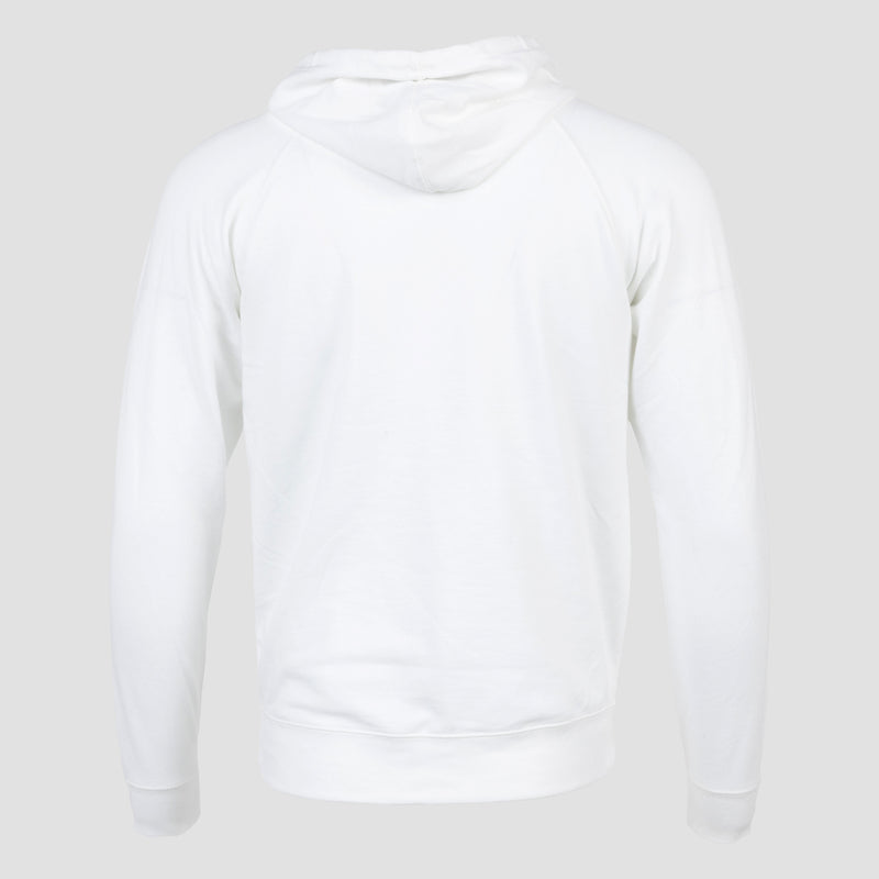 rear view of white lightweight hooded sweatshirt
