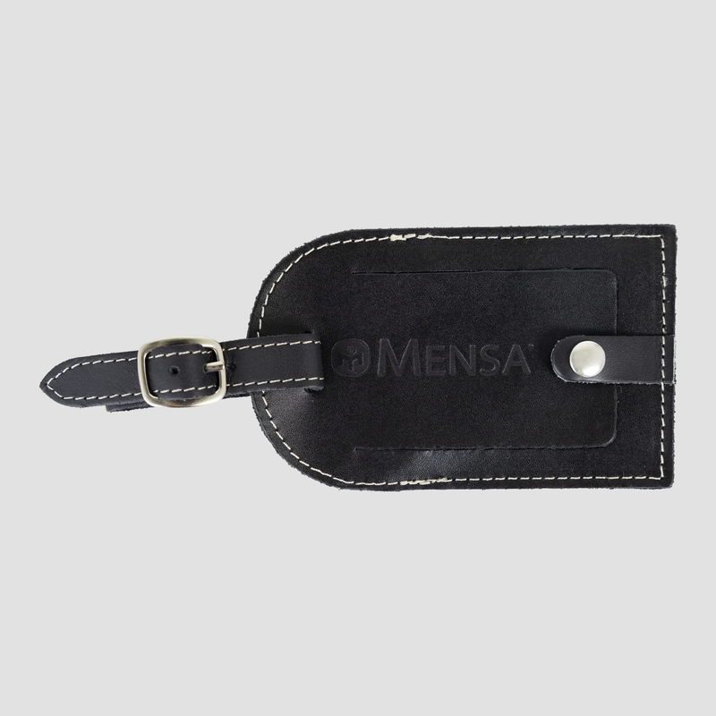 Black leather luggage tag with MENSA logo