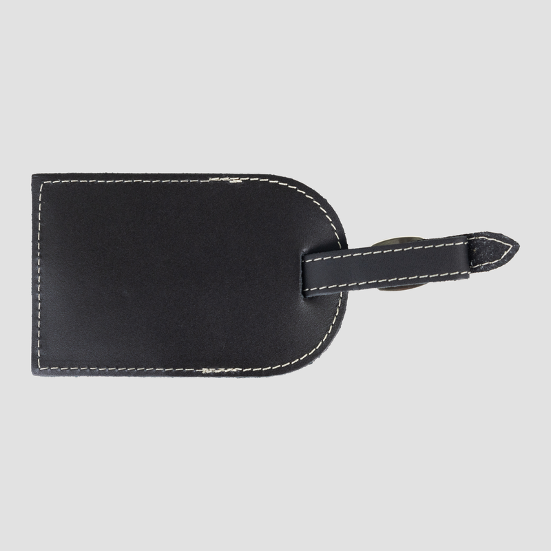 rear view of black leather luggage tag