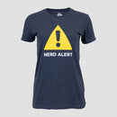 Ladies Navy tee with yellow alert symbol with white text "NERD ALERT"