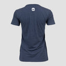 Rear view of ladies navy tee with white Mensa logo on upper back