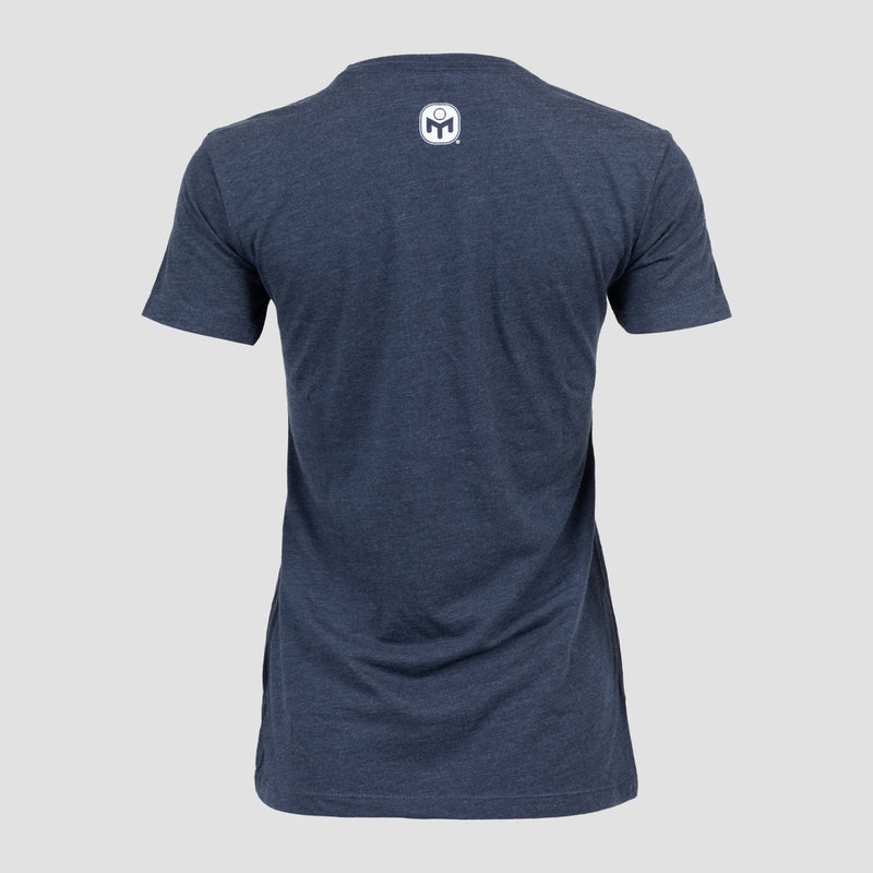 Rear view of ladies navy tee with white Mensa logo on upper back