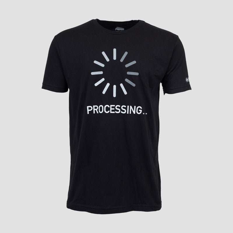 black tee with loading graphic on front with text "PROCESSING..."