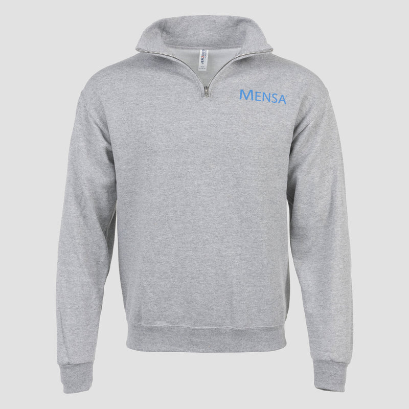 Grey quarter zip oxford with "MENSA" text in blue on left chest