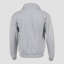 rear view of grey quarter zip oxford