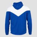 rear view of blue and white full zip jacket