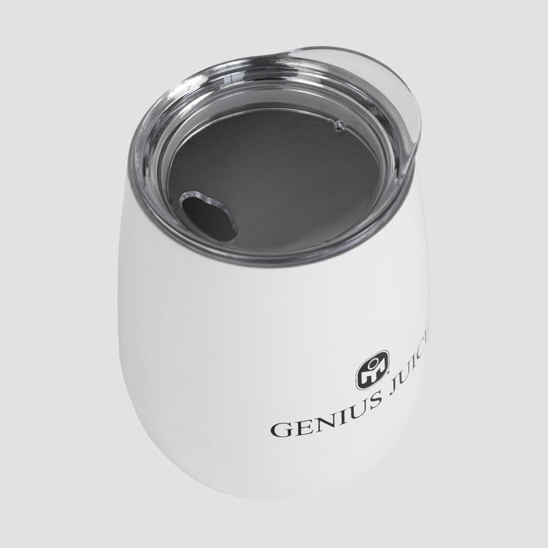 Top down view of white vacuum cup, with mensa logo on size and text "GENIUS JUICE"