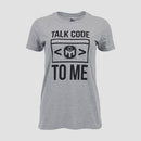 Dark Heather Grey ladies tee with black Mensa logo and text "TALK CODE TO ME"