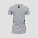 Rear view of dark heather grey ladies tee with black Mensa logo on upper back