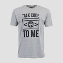 Dark Heather Grey tee with black Mensa logo and text "TALK CODE TO ME"